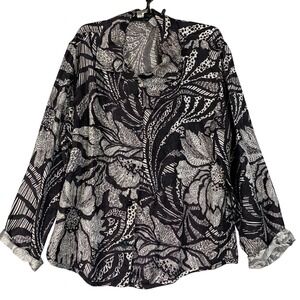 Chico's Button-Up Top Floral Print Long Sleeve Blouse Rayon Nylon Blend Size 2 L